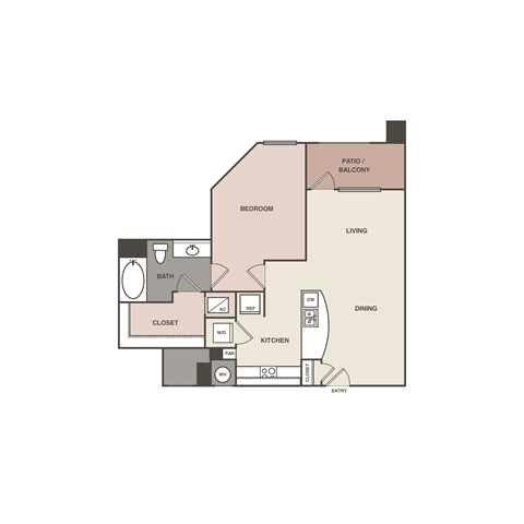Floor plan for 1 bed, 1 bath, 743 sqft